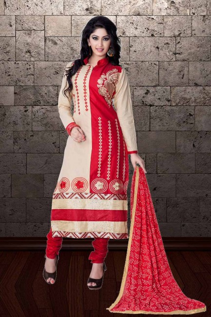 Beige & Red Cambric Cotton Churidar Suit