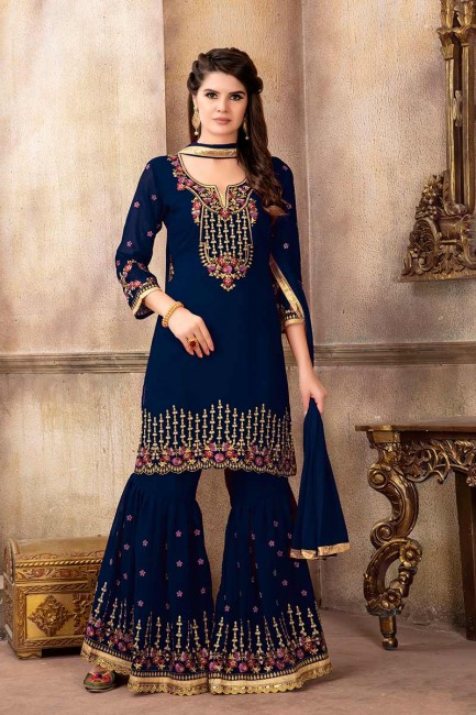 Dazzling Navy Blue Georgette Palazzo Suit