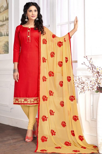Ravishing Red Cotton Churidar Suit