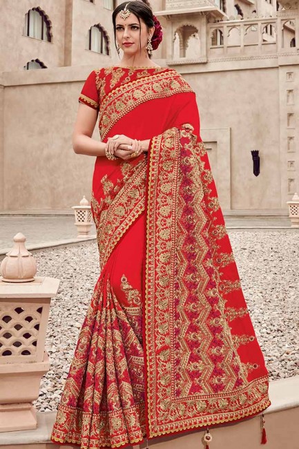 Alluring Red Satin Silk saree