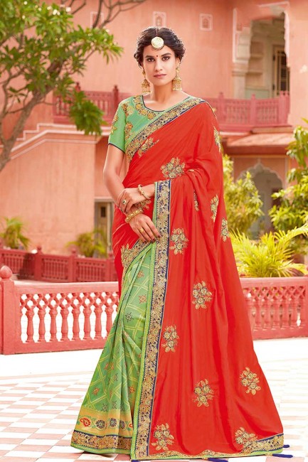 Red & Light Green Weaved Silk saree