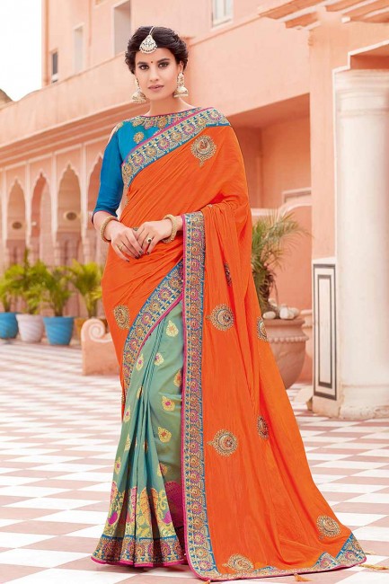 Orange & Blue Weaved Silk saree