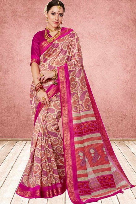 Splendid Pink & Cream Cotton Silk saree