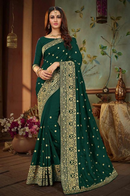 Fashionable Pine Green Soft Silk saree