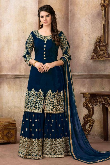 Enticing Navy Blue Art Silk Palazzo Suit