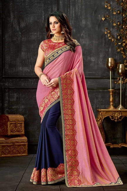 Pink & Navy Blue Art Silk saree
