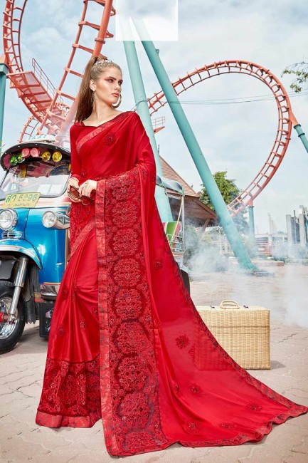 Appealing Red Satin Silk saree