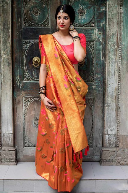 Beautiful Orange Kanjivaram Art Silk saree