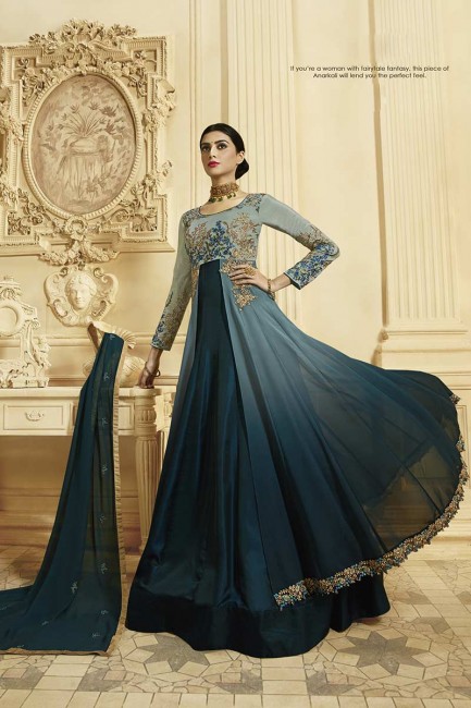 Steel Blue & Prussian Blue Georgette Anarkali Suit