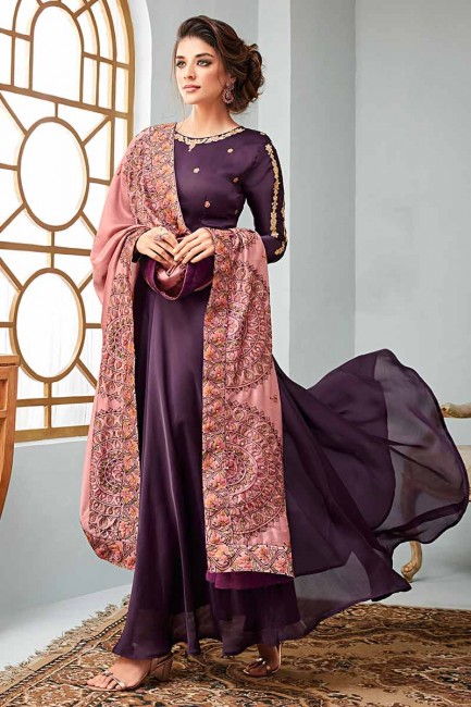 Purple Satin Georgette Anarkali Suit