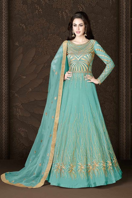 Turquoise Blue Net Anarkali Suit
