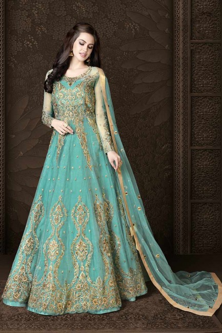 Turquoise Blue Net Anarkali Suit