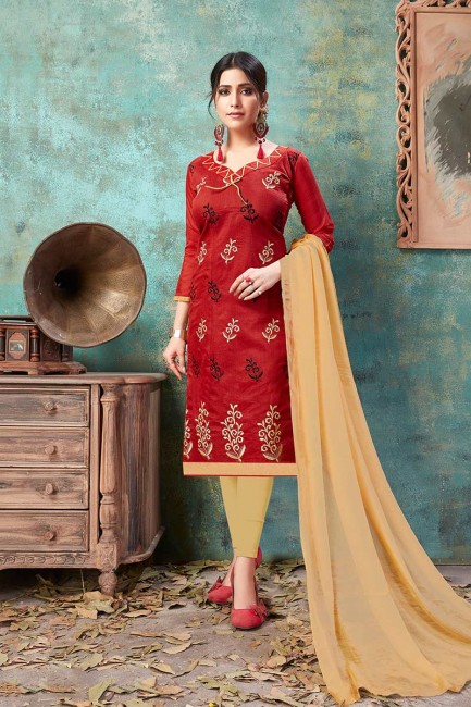 Impressive Red Chanderi Cotton Churidar Suit