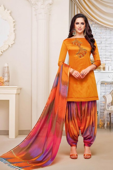 Impressive Orange Soft Silk Patiala Suit