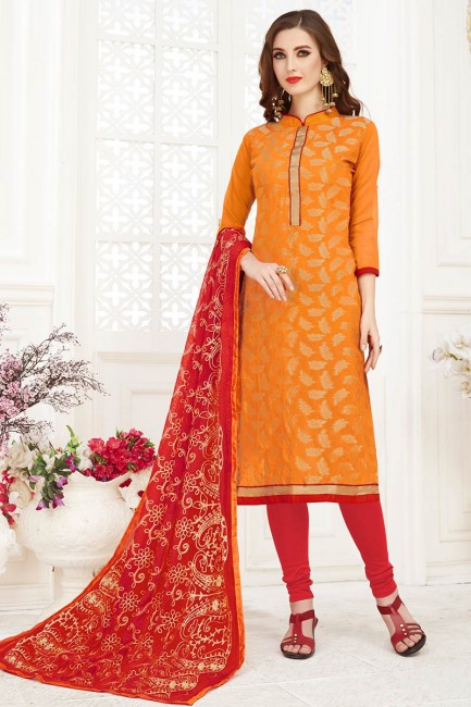 Splendid Orange Jacquard Silk Churidar Suit