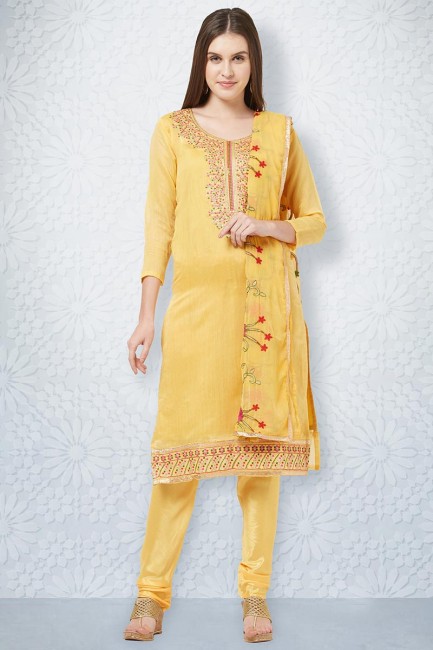 Enticing Yellow Chanderi Churidar Suit