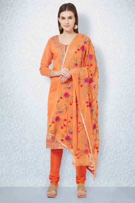 Fashionable Orange Chanderi Churidar Suit
