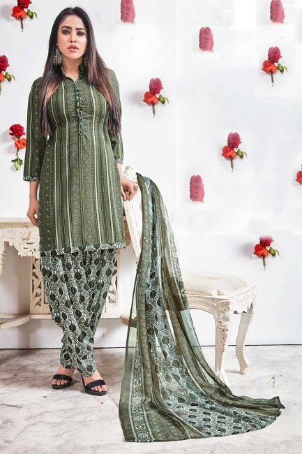 Olive Green Crepe Patiala Suit