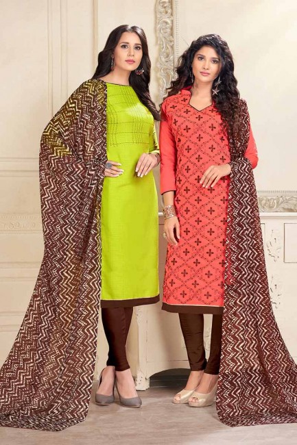 Parrot Green and Dark Peach Cotton and Chanderi Churidar Suit Combo