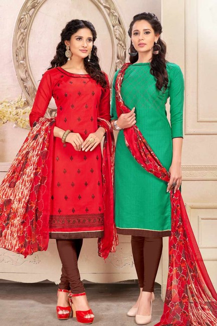 Red and Green Cotton and Chanderi Churidar Suit Combo