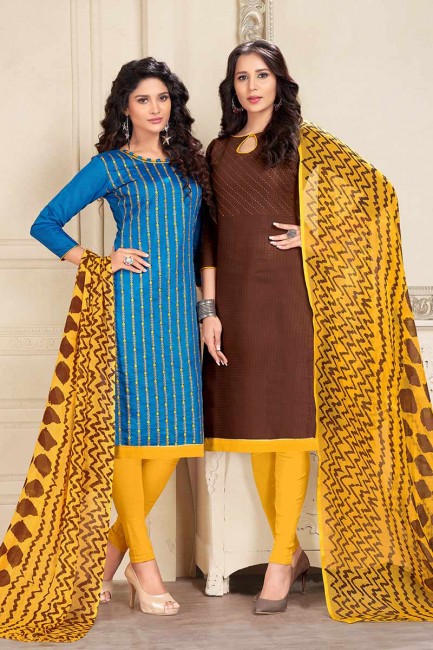 Blue and Brown Cotton and Chanderi Churidar Suit Combo