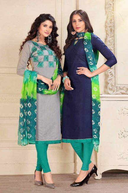 Grey and Navy Blue Cotton and Chanderi Churidar Suit Combo