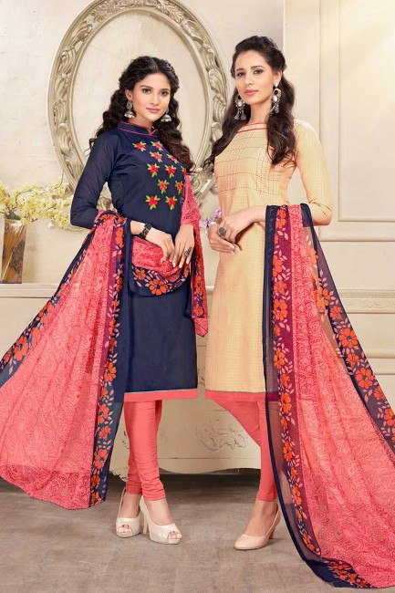 Navy Blue and Beige Cotton and Chanderi Churidar Suit Combo