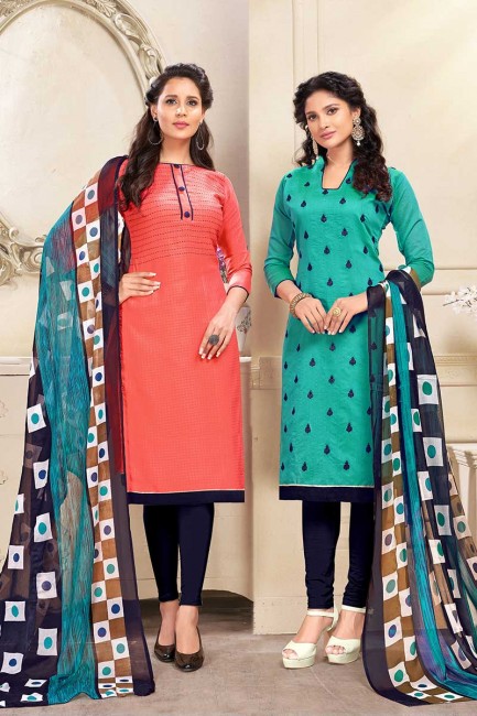 Orange and Turquoise Blue Cotton and Chanderi Churidar Suit Combo