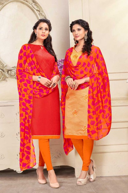 Red and Beige Cotton and Chanderi Churidar Suit Combo