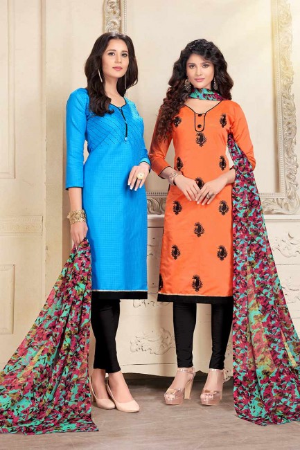 Blue and Orange Cotton and Chanderi Churidar Suit Combo