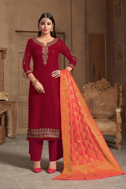 Indian Ethnic Red Satin Georgette Palazzo Suit