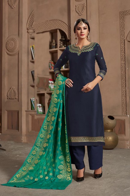 Beautiful Navy Blue Satin Georgette Palazzo Suit