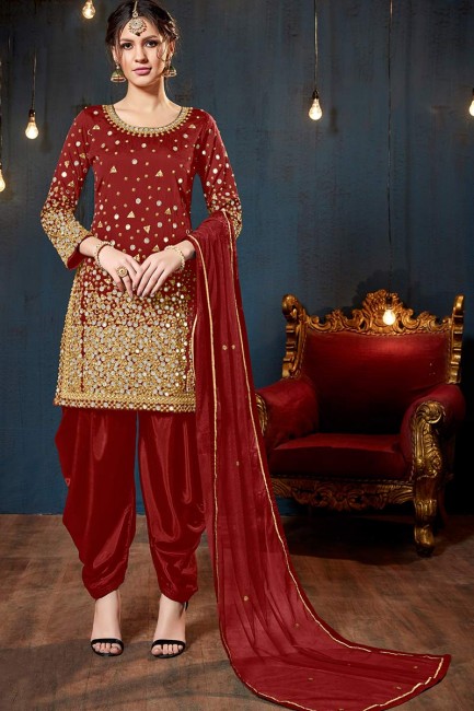 Red Tafeta Art Silk Punjabi Suit