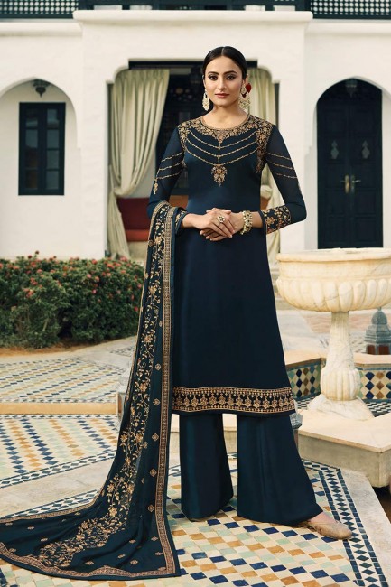 Fascinating Navy Blue Satin Georgette Palazzo Suit