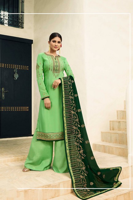 Classy Green Satin Georgette Palazzo Suit