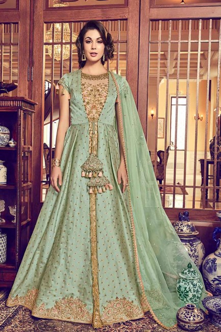 Light Green & Beige Jacquard Silk, Gown, Net Anarkali Suit