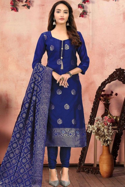 Banarsi Jacquard Churidar Suit in Blue Banarsi Jacquard