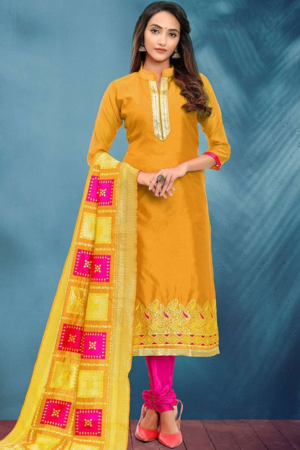 Cotton Salwar Salwar Kameez in Yellow Silk
