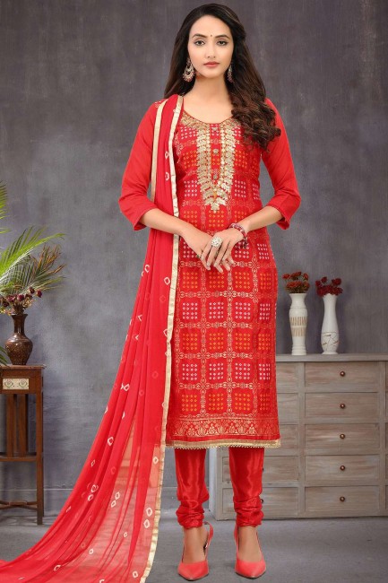 Banarsi Jacquard Churidar Suit in Red
