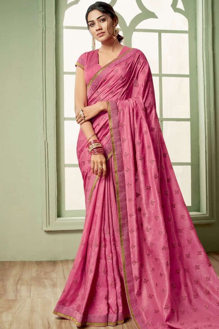 Embroidered Art Silk Saree in Light Falsa Purple with Blouse