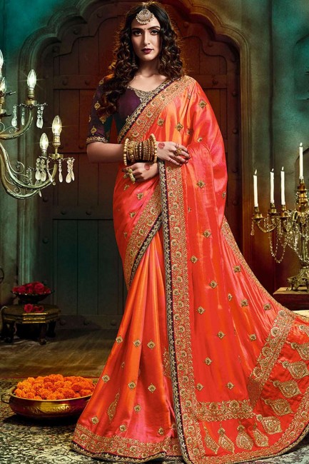 Golden & Red Saree in Embroidered Art Silk