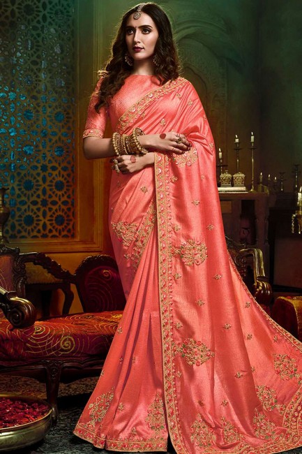 Art Silk Saree in Light Ras Peach with Embroidered