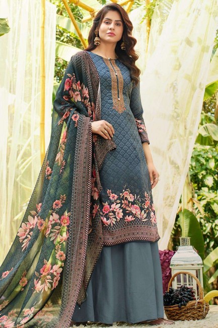 Grey Sharara Suit in Cotton with Cotton