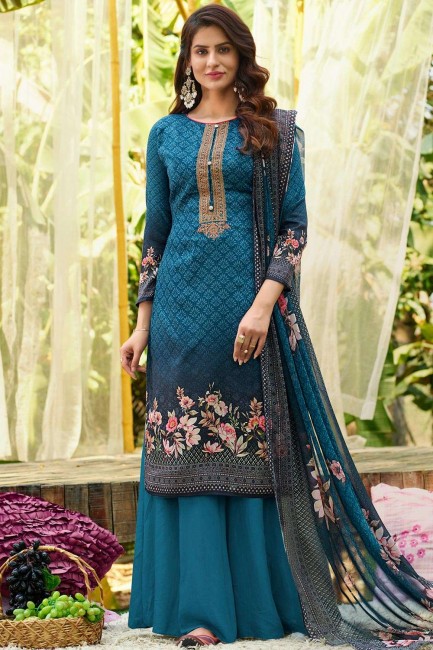 Blue Cotton Sharara Suit in Cotton