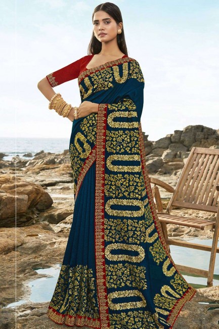Art Silk Blue Saree in Embroidered