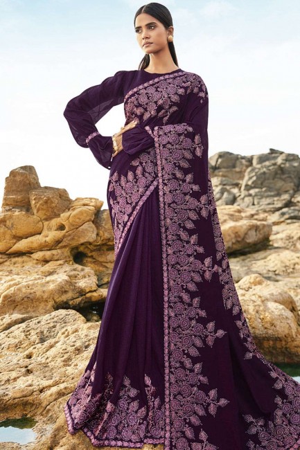 Magenta Embroidered Saree in Art Silk