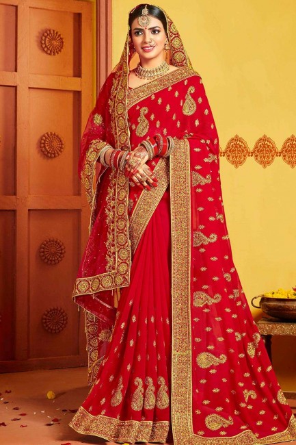 Latest Ethnic Red Saree in Embroidered Art Silk
