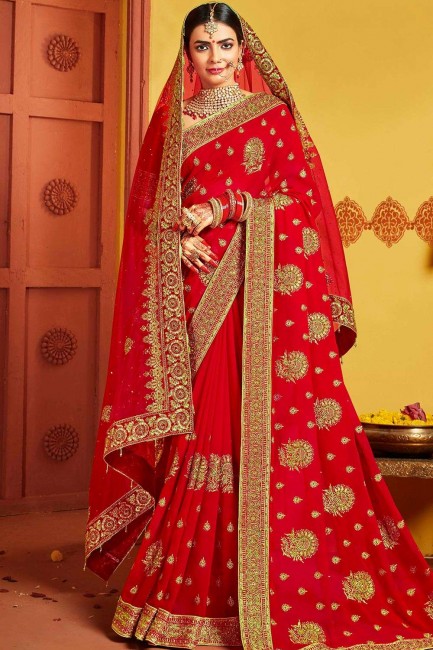 Art Silk Saree in Red with Embroidered