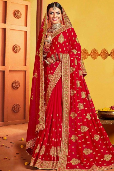 Traditional Red Saree with Embroidered Art Silk