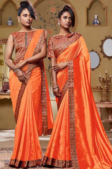 Art Silk Lace Border Orange Saree with Blouse